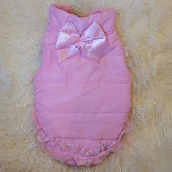 😊 Simply Dog Pink Puffer Vest Jacket Hat Accessory Breeds Lace Bow Velcro Easy - Picture 2 of 8